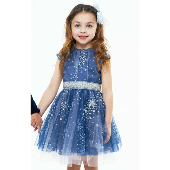 NWT 8 Festive Halabaloo Girls Navy Silver Glitter Stars Tulle Dress - Picture 2 of 2
